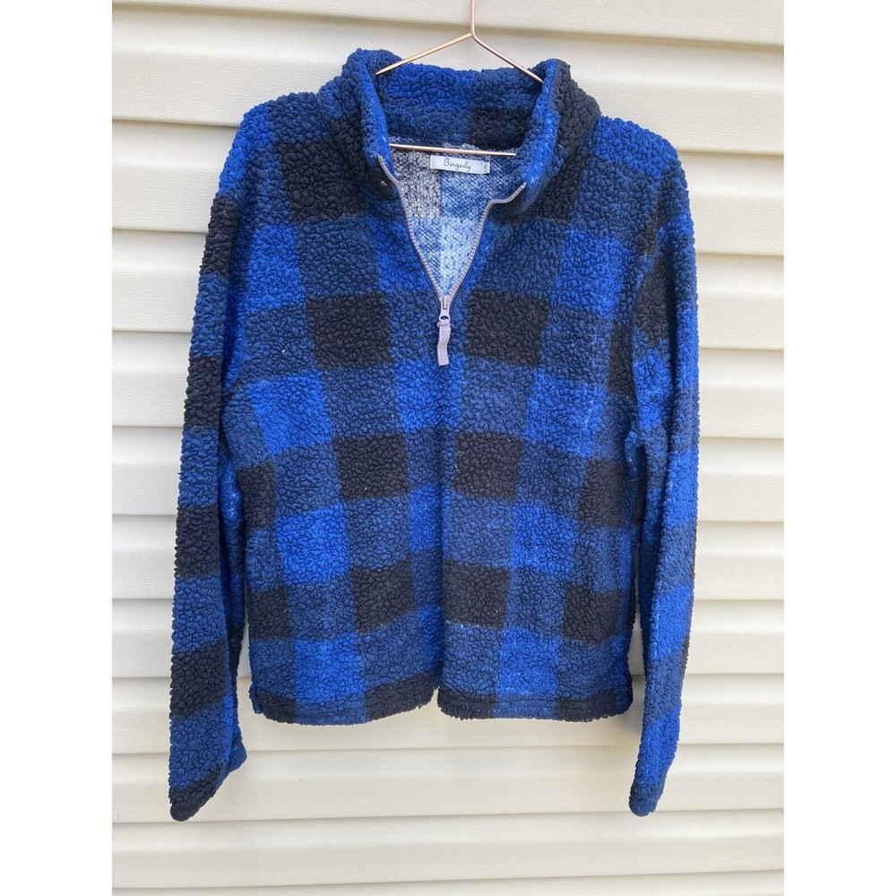 Gingerly Women's Sherpa Quarter Zip Pullover blue black buffalo plaid Size L/XL